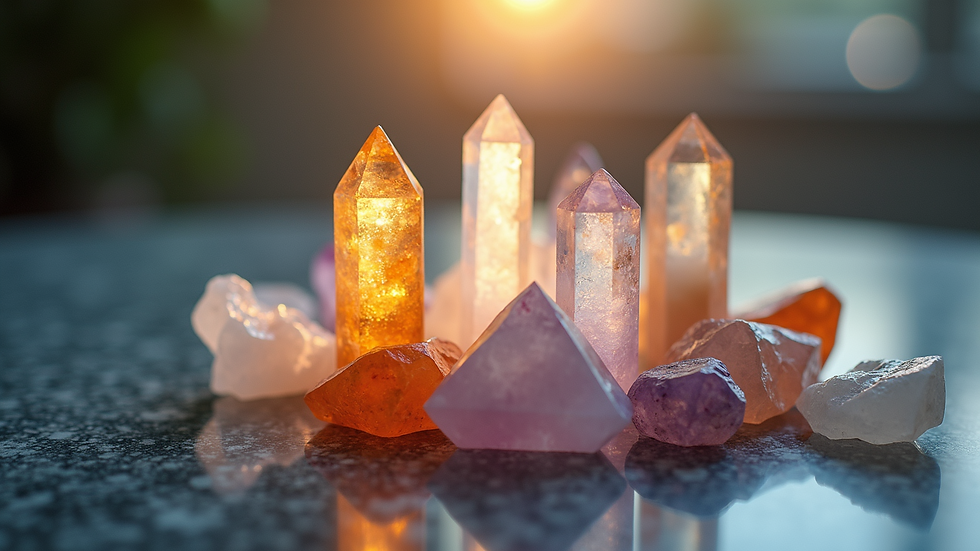 Close-up view of a crystal grid arranged for energy healing