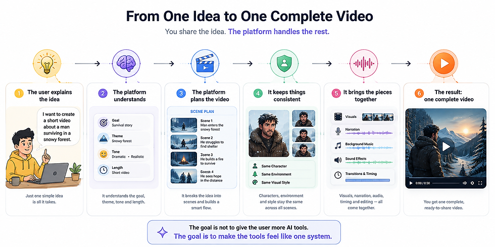 An illustrated six-step journey showing how an AI video platform can turn a user's simple idea into a complete video: understand the goal, plan scenes, maintain character and visual consistency, bring together visuals and audio, and produce the final video.