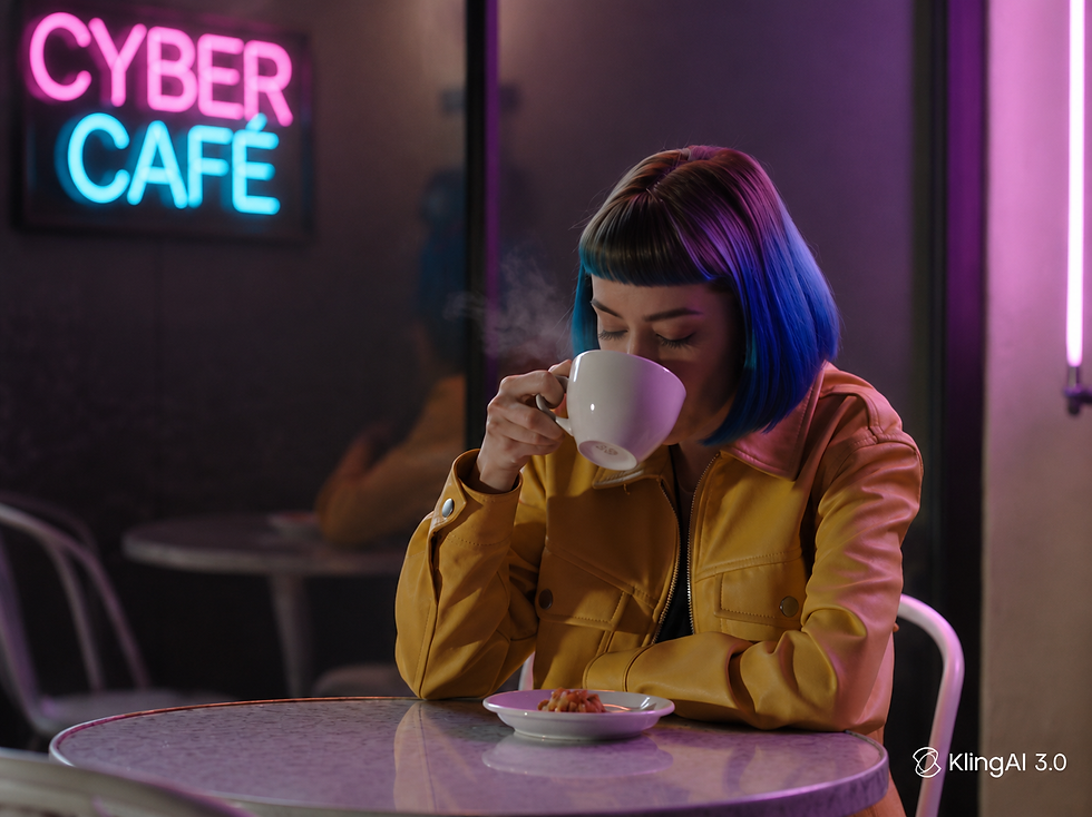 Kling AI video generator test showing character consistency and coffee interaction.