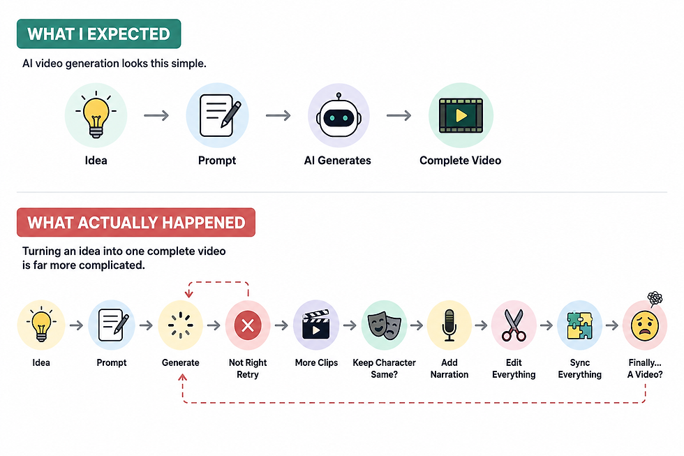 Infographic comparing the expected AI video creation process with the actual, more complex workflow involving retries, multiple clips, character consistency, narration, editing, and synchronization.