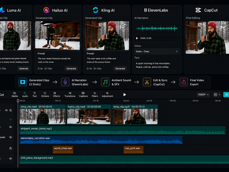 AI video generation workflow showing Luma, Hailuo, Kling, ElevenLabs, and CapCut