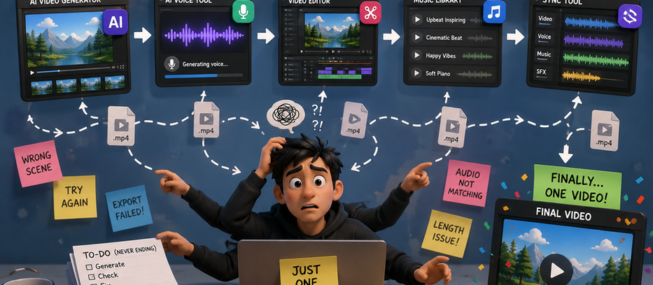 AI video creation workflow showing the challenges of turning generated clips into one complete video