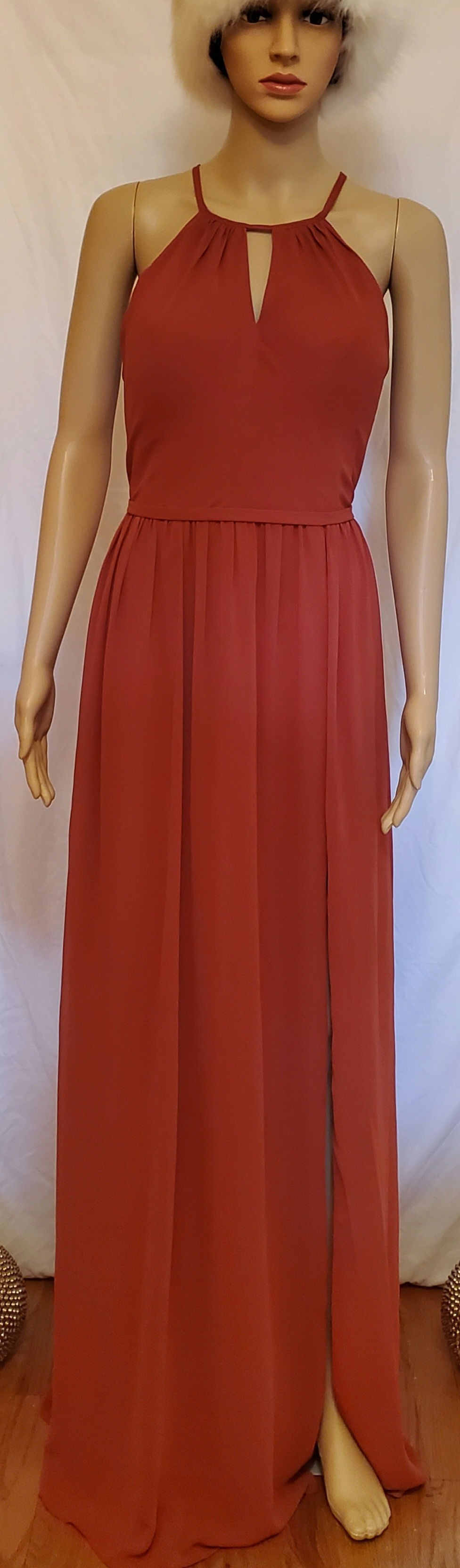 Azazie A-Line Pleated Chiffon Floor-Length Gown Rust
