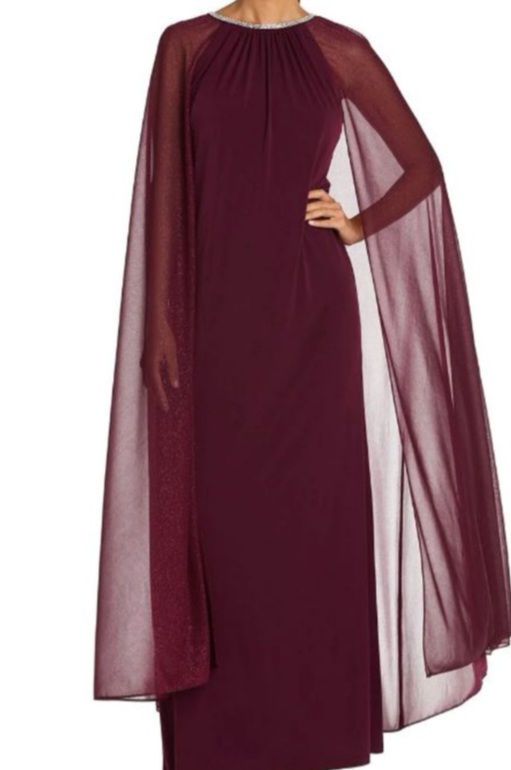 R & M Richards Rhinestone Neckline and Chiffon Cape Gown, Merlot, 14