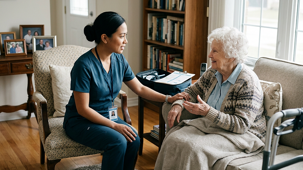 Eye-level view of a home health care nurse speaking with an elderly woman in a living room