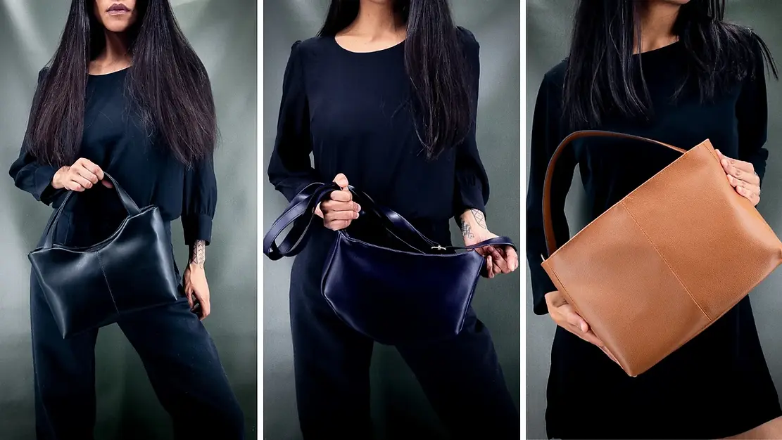 Drie vegan handtassen van Lubay, modellen Scaldis M, Hagna en Ieper 30, met de geometrische ontwerpen Waves, Curves en Lines.