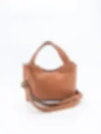 Sac à main vegan Lubay Scaldis Medium en Leap Cognac avec sa bandoulière, fabriqué sur demande en Belgique, vue de face.