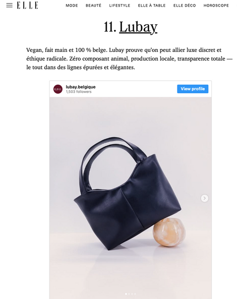 Article digital du magazine Elle Belgique "11 sacs belges qu’on ne lâchera plus", avec la marque vegan belge Lubay.