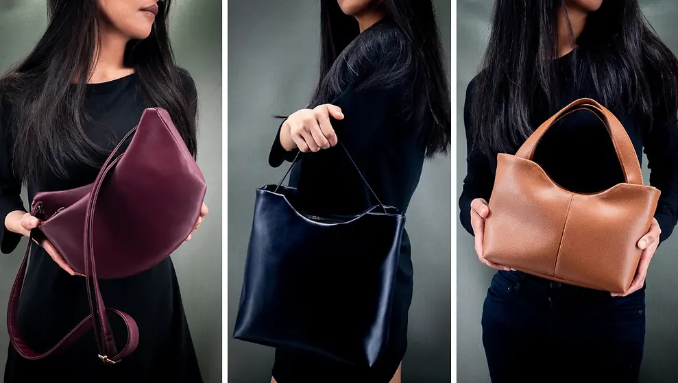 Fotocollage op een donkergroene achtergrond met een vrouw in het zwart en drie vegan Lubay tassen: het Hagna-model in wijnrood, de Mosa handtas in Violet Almost Blue kleur en het Scaldis M-model in cognac.