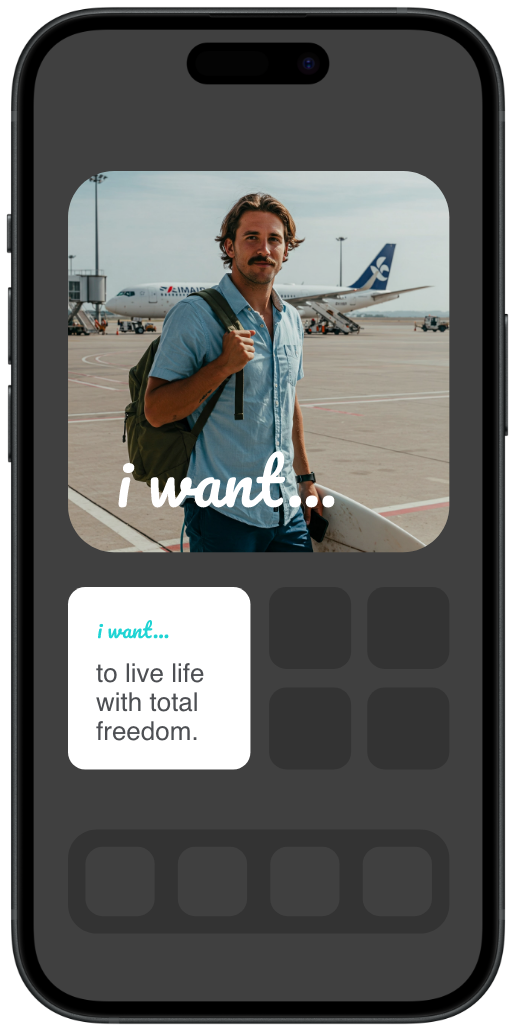 Man at an airport with backpack, “I want” affirmation representing travel freedom and independence
