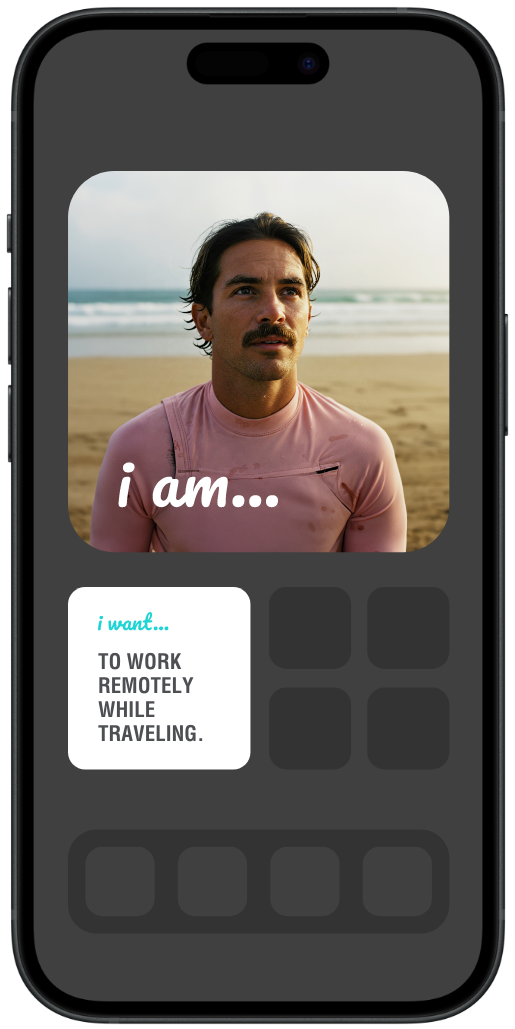 Man sitting by the ocean with calm focus, “I am” affirmation representing remote work and travel fre