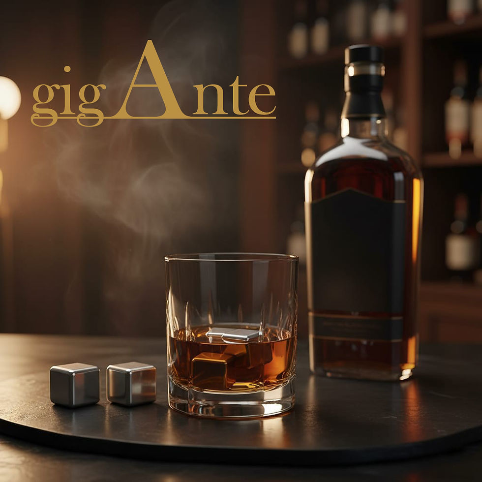 eye-level view of a glass with steel whiskey cubes on a wooden table
