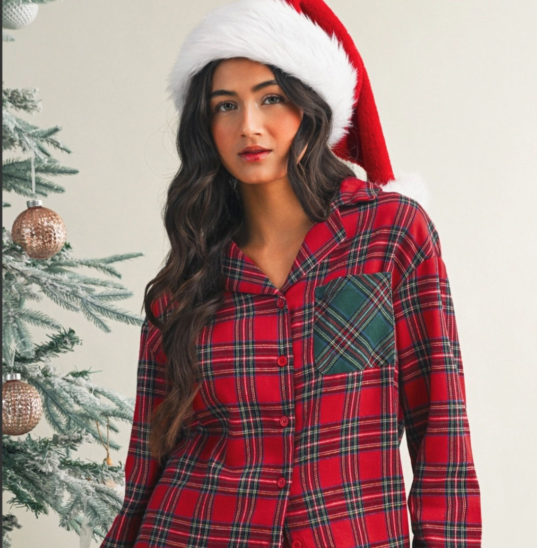 Plaid Patched Christmas Shirt and Short 2pcs Pajama Set