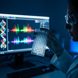 Lab image with a tech holding DNA panel and a computer screen in the background