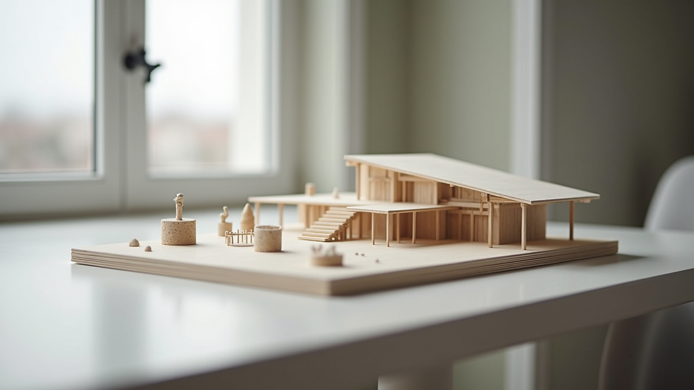 Eye-level view of a modern architectural model on a desk