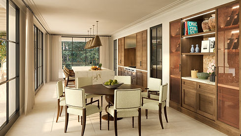 A CGI showing a kitchen and leading out to a terrace. It's a visual of a villa in Marbella Spain. 