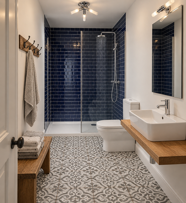 Compact Navy-Tiled Bathroom