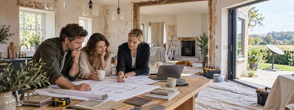 Couple planning a home refurbishment with designer using laptop and building plans
