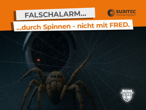 Eine haarige Spinne sitzt in ihrem Netz vor einer Überwachungskamera. Text: „Falschalarm durch Spinnen – nicht mit FR.ED.“ Logos von Suritec und SicherheitsCelle.