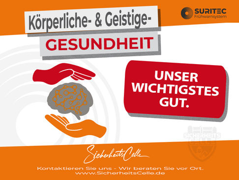 Zwei schützende Hände halten ein blaues menschliches Gehirn mit orangefarbenen Synapsen, Symbol für psychische Gesundheit und Sicherheit.