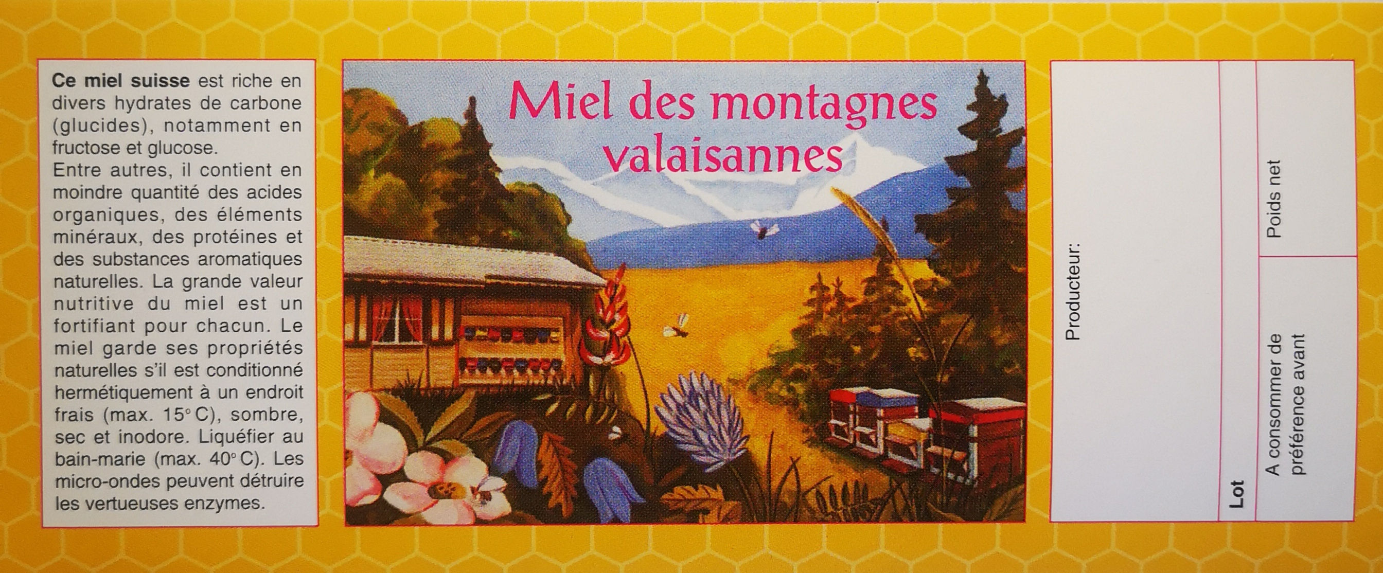 Etiquettes allongées, grand format "miel des montagnes valaisanne"