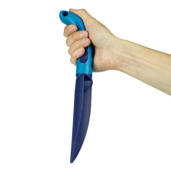 Miniaturbild: Seitenansicht des ergonomischen Griffs eines Pflanzspatens auf weißem Hintergrund.