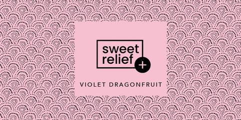 Specialty packaging branding system for Sweet Relief Violet Dragonfruit gummies with patterned pink packaging.