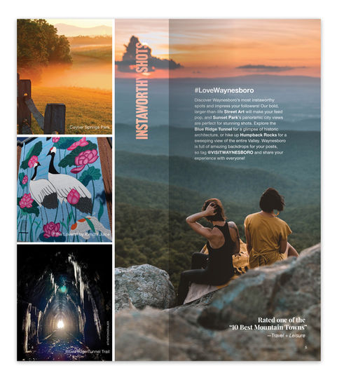 Aerial photography of Waynesboro, Virginia featured in tourism publication design by Queen City Creative.