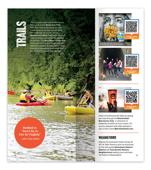 Waynesboro Visitors Guide layout promoting trails, paddling, and outdoor adventure in the Shenandoah Valley.