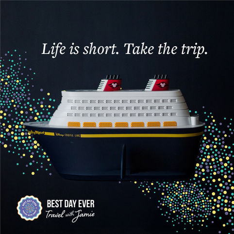 Tourism marketing campaign graphic featuring a stylized cruise ship for Best Day Ever Travel with Jamie.