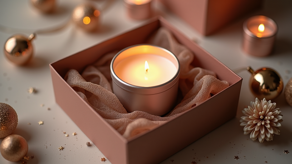 High angle view of a gift box with a luxury candle and decorative elements