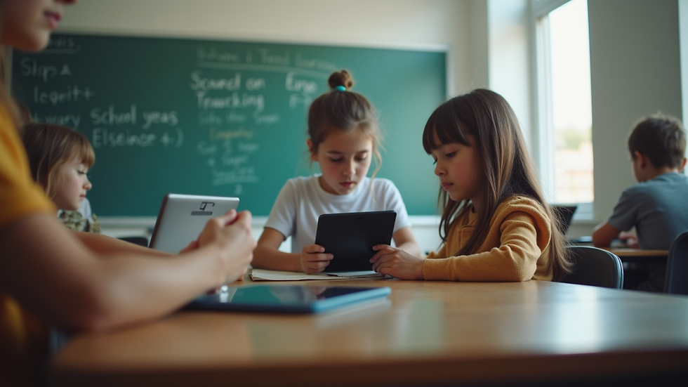 Eye-level view of a classroom with students using tablets for learning