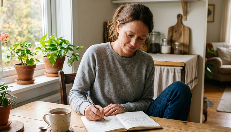 Eye-level view of a woman writing symptoms in a notebook beside a cup of tea