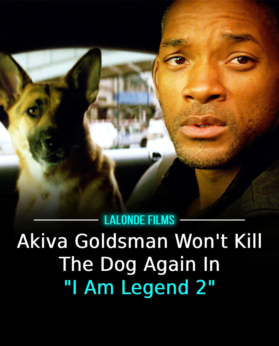 Man and dog in a car poster for I Am Legend 2, with LALONDE FILMS and Akiya Goldsman Won't Kill The Dog Again text.