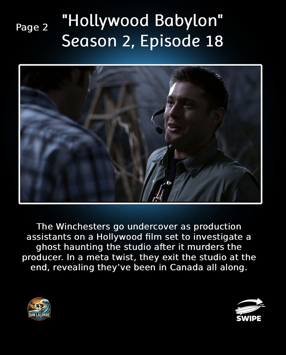 Two men talk on a dimly lit film set. Text: "Hollywood Babylon, Season 2, Episode 18." Description of plot below.