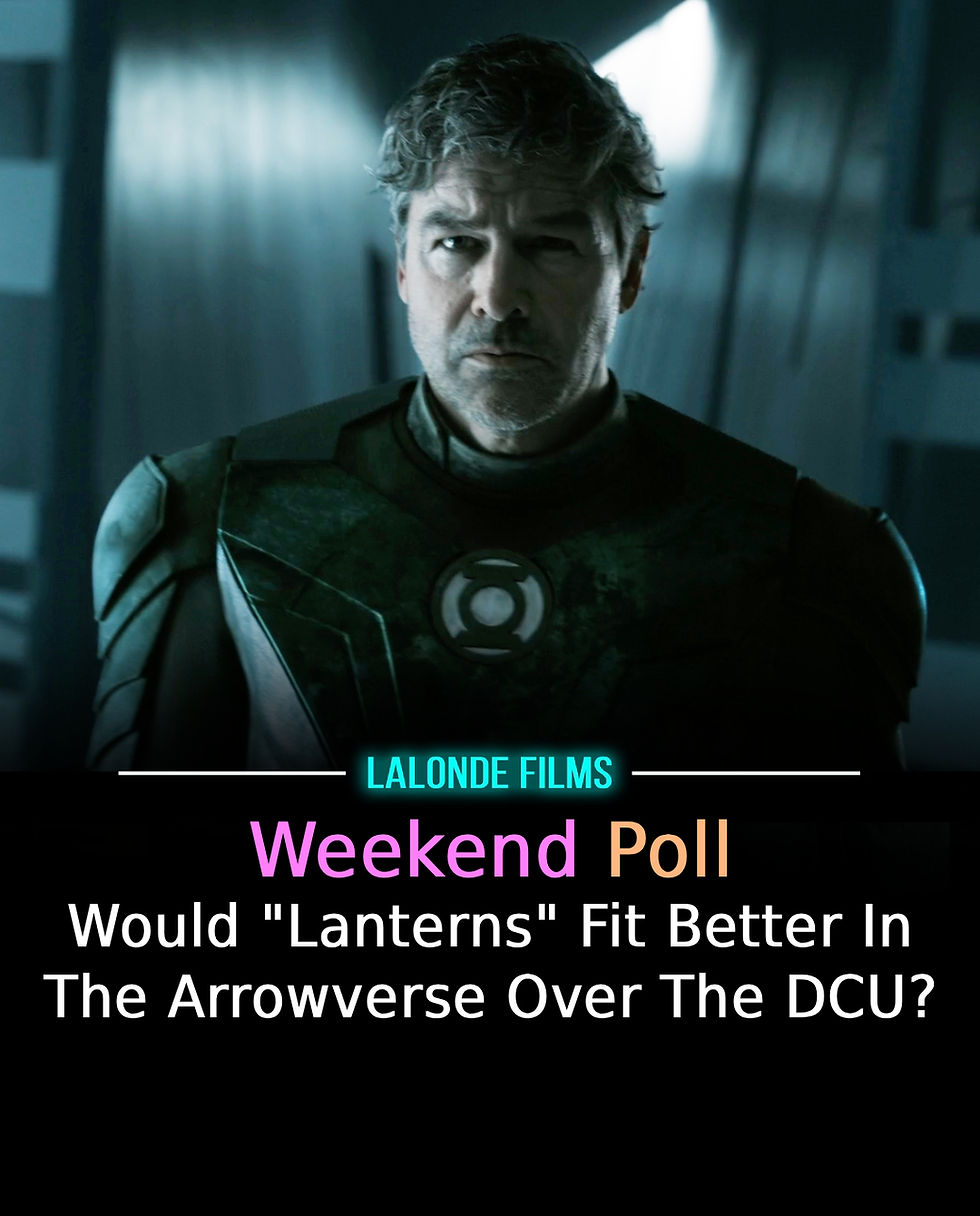 Serious man in a Green Lantern suit under blue light, with text: Weekend Poll—Would Lanterns fit better in the Arrowverse over the DCU?