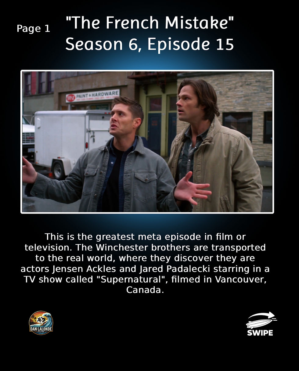 Two men in jackets gesture on a street with a paint store and van in the background. Text above describes a meta TV episode.