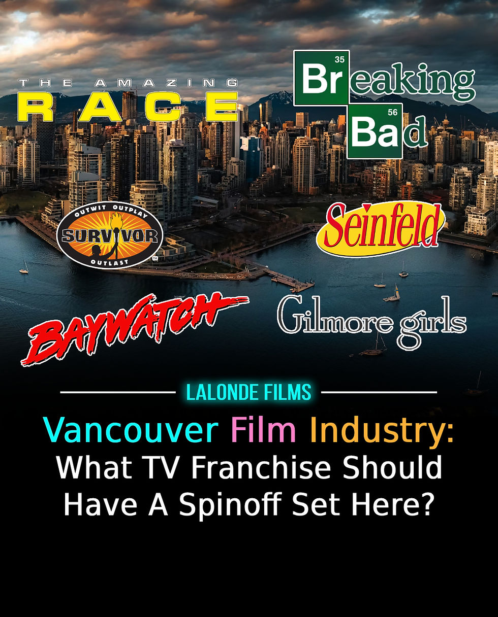 Cityscape of Vancouver at dusk with TV show logos overlaying: The Amazing Race, Breaking Bad, Survivor, Seinfeld, Baywatch, Gilmore Girls. "What TV Franchise Should Have A Spinoff Set Here?" text below.