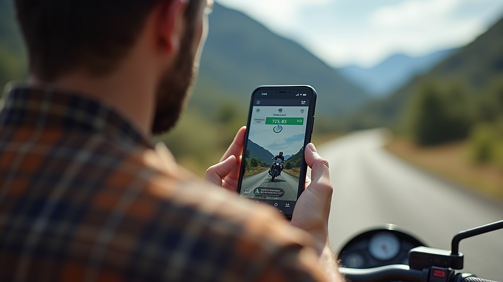 Close-up view of a smartphone displaying a motorcycle trip planning app