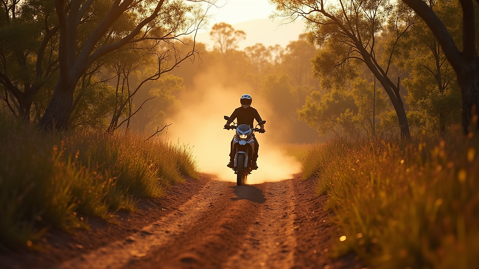 High angle view of a motorbike on a dirt track in Cape York wilderness