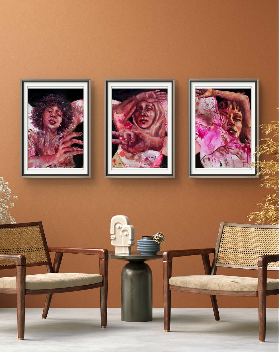 Thumbnail: 3 prints part of a triptych, decorating a mid-century eclectic boho room decor.