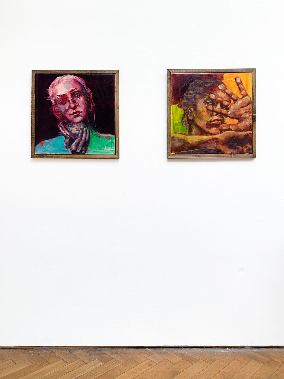 Thumbnail: 2 pieces by Raquel Blazquez at a gallery space. Gallery wall, colourful eclectic decor