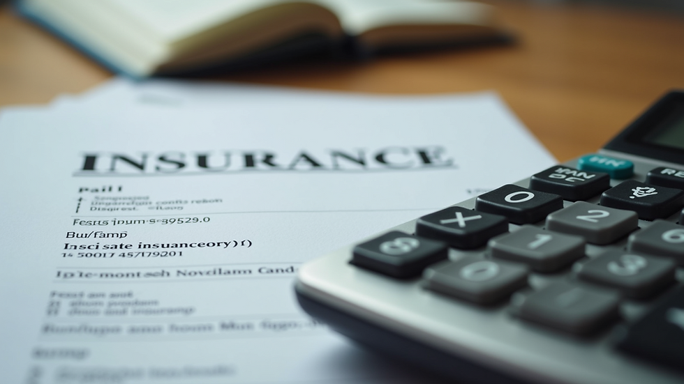 High angle view of a calculator and insurance forms on a wooden table