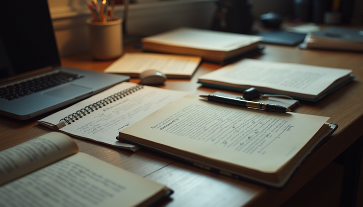 Eye-level view of a cluttered desk with scattered manuscripts and a laptop displaying a paused writing document