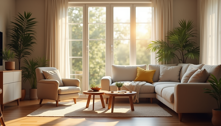 Eye-level view of a cozy living room with a comfortable armchair and natural light