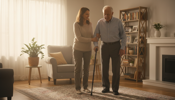 Eye-level view of a caregiver helping an older adult walk through a sunny living room