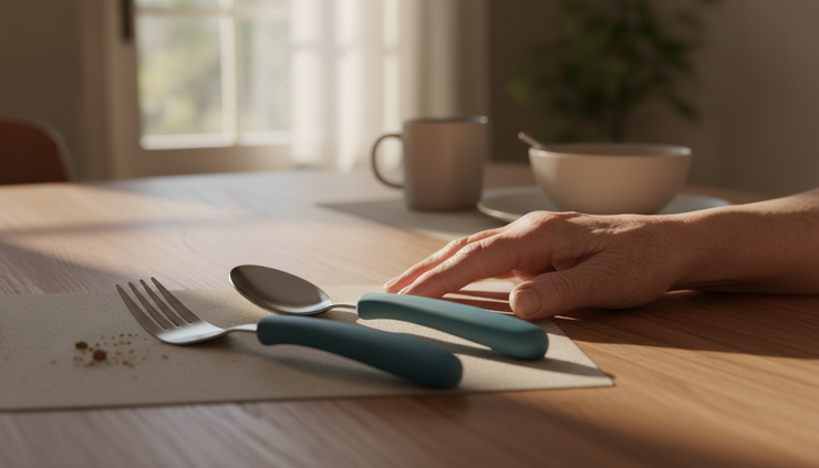 Close-up view of an older adult’s hand resting beside adaptive utensils on a kitchen table