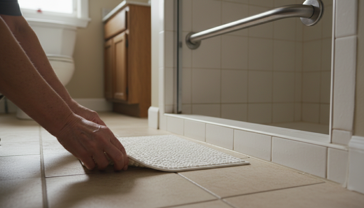 Close-up view of hands adjusting a non-slip bath mat beside a shower