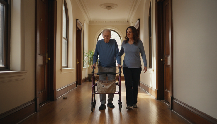 Wide-angle view of a home health aide and an older adult walking slowly down an apartment hallway