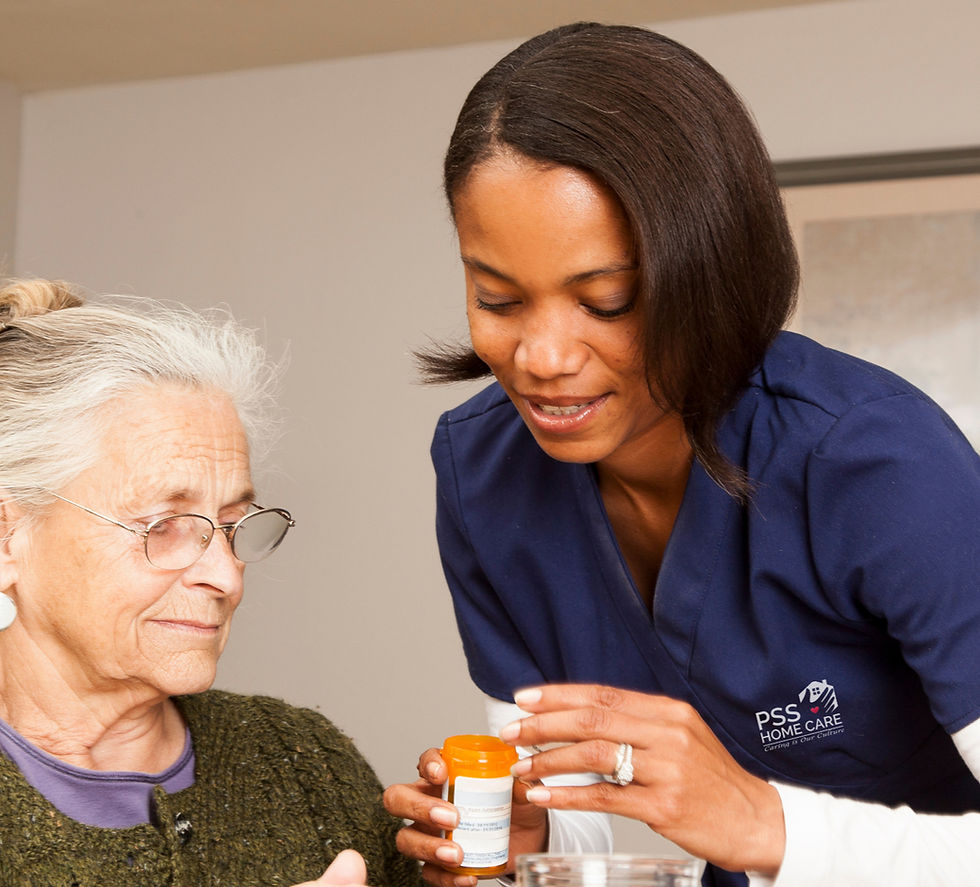 A compassionate home health aide assists a senior with medication reminders, ensuring her well-being and supporting her daily living activities.